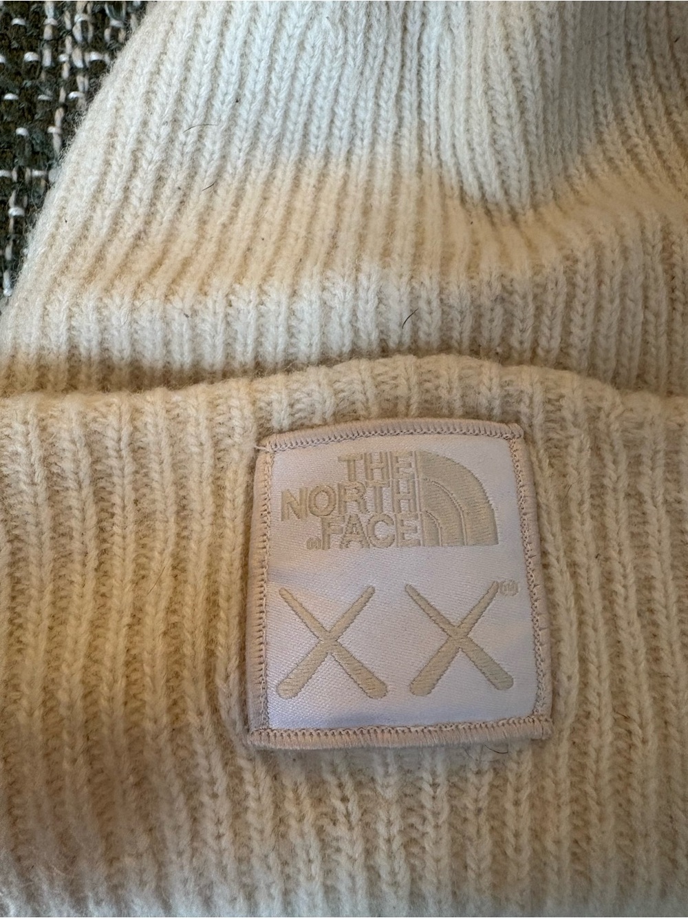 The North Face Cream Ribbed Knit Beanie with XX Patch - Picture 2 of 4